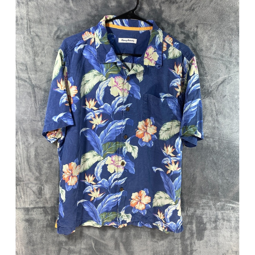 Tommy Bahama Shirt Men Large Blue Silk Tropical Floral Beach Button Down Texture